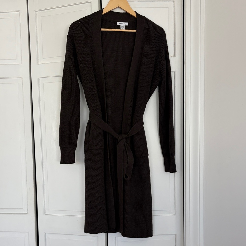 Athleta Long Brown Ribbed Knit Cardigan with Belt
